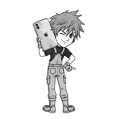 Cartoon-Style Young Man with Oversized Head Carrying iPhone