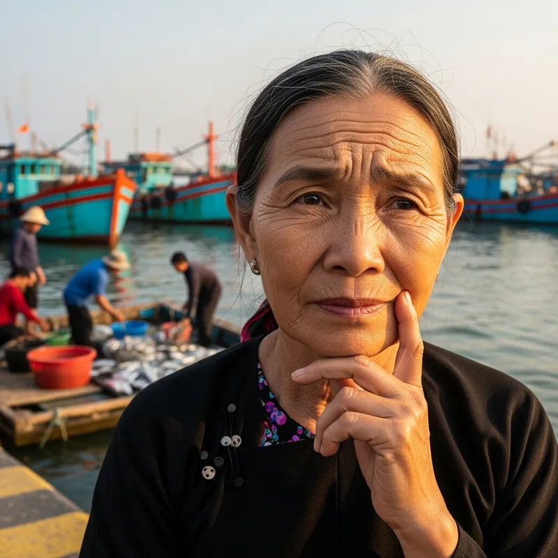 Vietnamese Man and Woman Considering Buying Fish at Fish Market, Portrait Photo