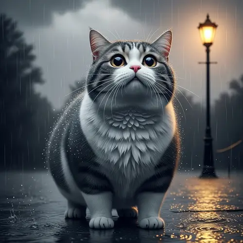 Plump Cat in Rain: Heartwarming Image Captured