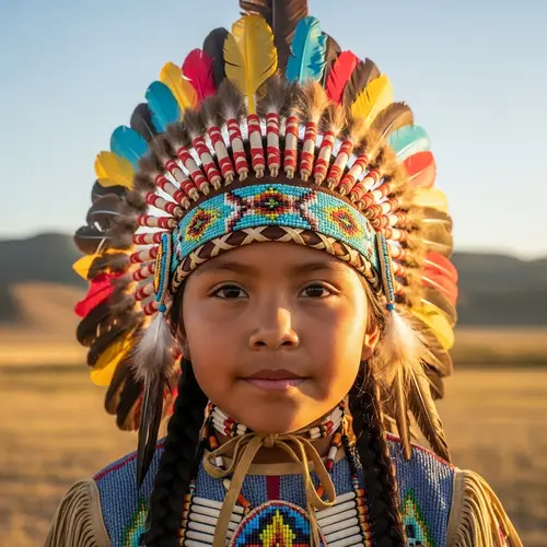 Indigenous Native American Girl with Colorful Feathers Headpiece