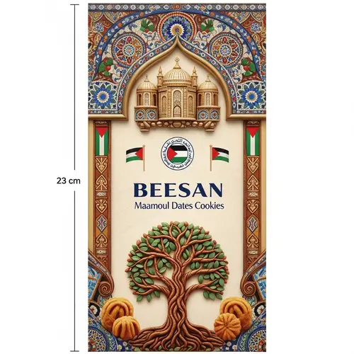 Luxurious Vertical Packaging Design with Holy Land Mosaic Patterns | BEESAN & Maamoul Dates Cookies