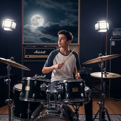 Hispanic Teenage Boy in Music Studio Gazing at Moon | Youthful Creativity