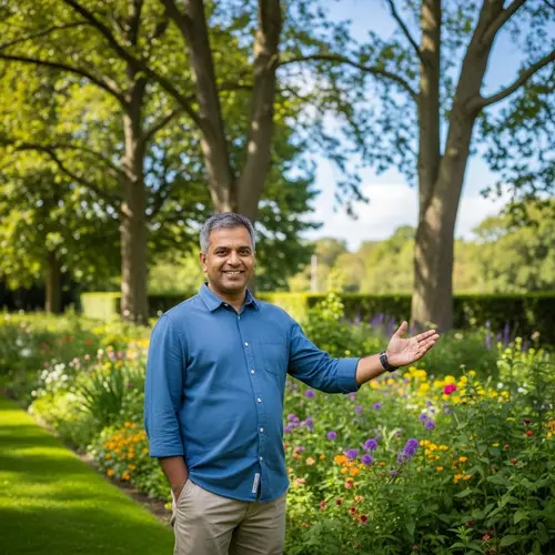 South Asian Man in Peaceful Garden | Welcoming Smile