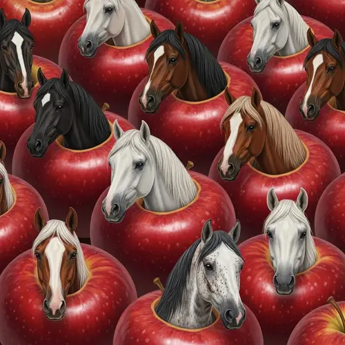 Whimsical Illustration of Shiny Red Apples with Tiny Horses
