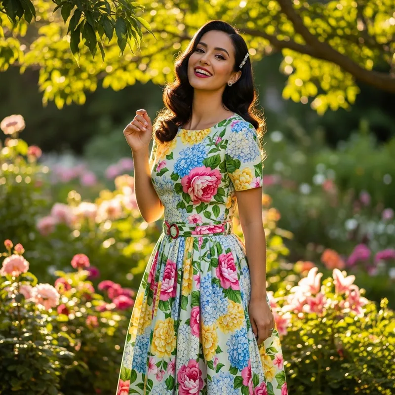 Elegant Hispanic Woman in Floral Mid-Century Dress