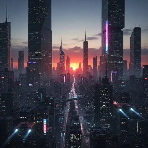 Futuristic Cityscape at Sundown - Cyberpunk Aesthetics