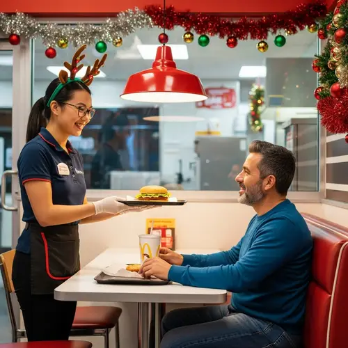 Festive Fast Food Restaurant Scene - Joyous Holiday Atmosphere