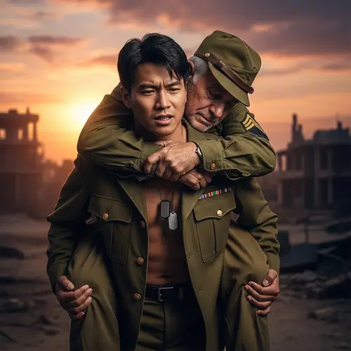 South Asian Man Carrying Hispanic Elder in Military Attire