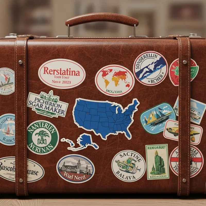 Vintage Leather Suitcase with Global Destination Stickers and the United States Outline