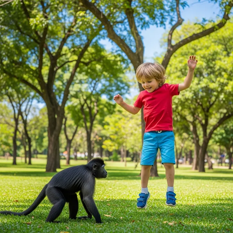 Excited Boy Jumping Near Playful Black Monkey in Green Park