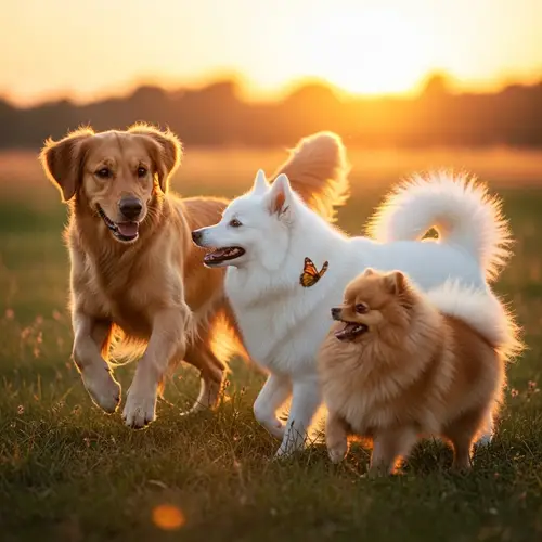Playful Golden Retriever, Japanese Spitz, Pomeranian in Meadow
