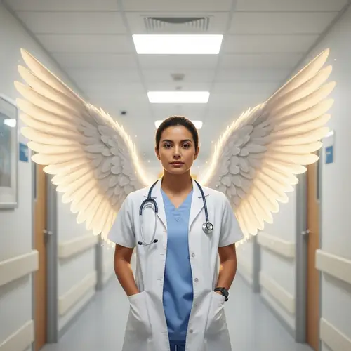 Hispanic Female Nurse with Angel Wings in Hospital Setting