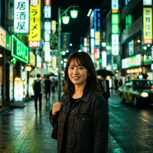 Japanese Woman Portrait with Neon Green Lights