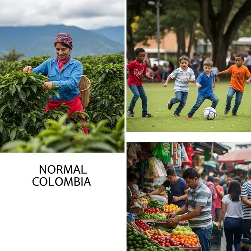 Colombia's Diverse Scenes: Coffee Plantation, City Park Football, Local Market Vendor