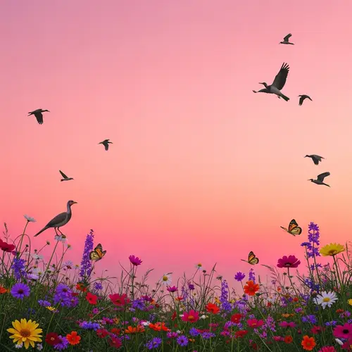 Beautiful Pink Sky Landscape with Flowers, Birds, and Butterflies