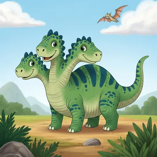 Charming Triple-Headed Dinosaur in Lush Prehistoric Landscape