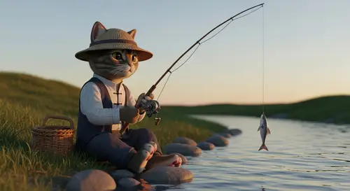 Adorable Humanoid Cat in Fisher Clothes Fishing | Cell Shading Style