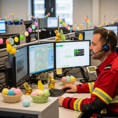 Firefighter at Easter-themed Call Center | Festive & Focused