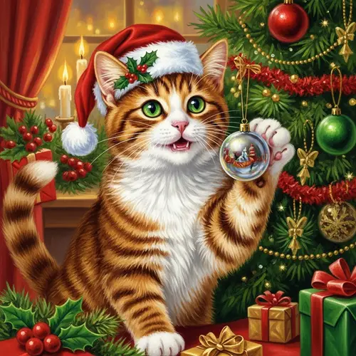Joyful Christmas Cat Oil Painting - Festive Indoor Scene