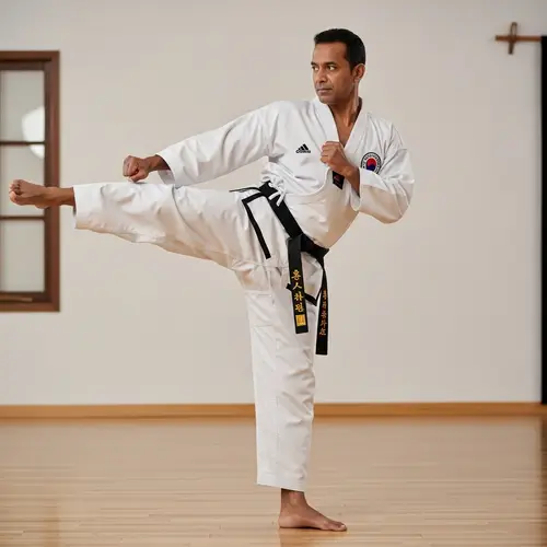 South Asian Man Demonstrating Tae Kwon Do Kick | Martial Arts Practice