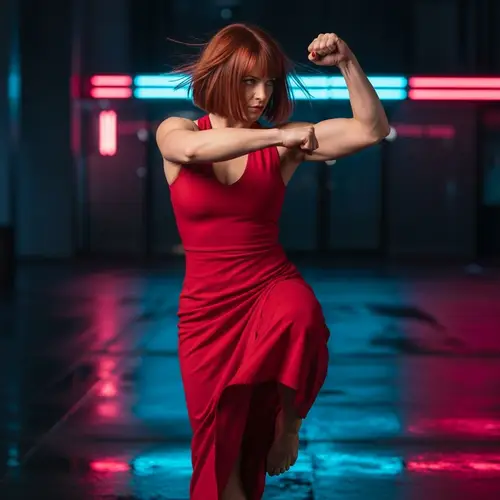Confident Martial Artist in Stylish Red Dress