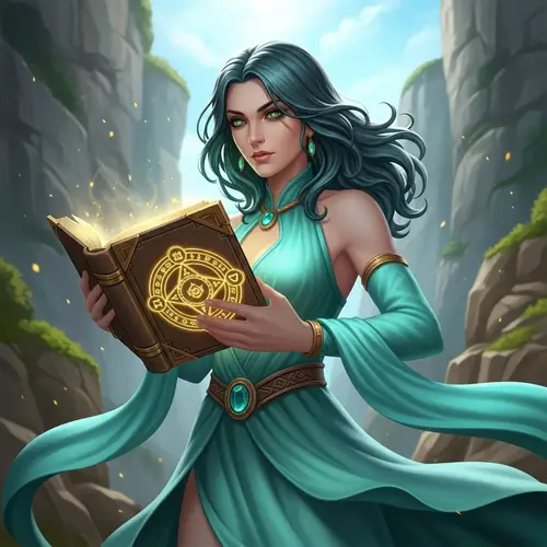 Mystical Female Video Game Character with Green Eyes & Golden Book