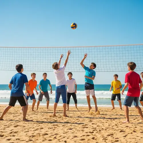 Diverse Group of Boys Enjoy Volleyball on Sunny Beach