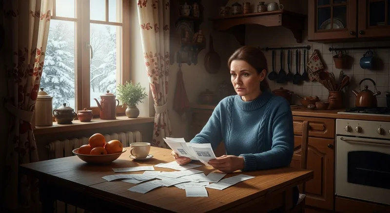 Portrait of a 45-Year-Old Woman Struggling in a Traditional Russian Kitchen