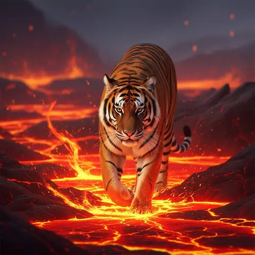 Female Tiger in Molten Magma Landscape