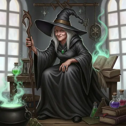 Elderly Witch Character Front - Mysterious Scene