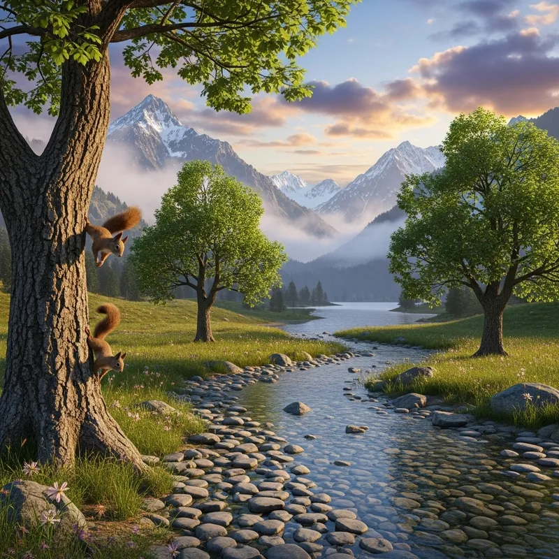 Serene Nature Landscape with Majestic Oak Trees and Squirrels
