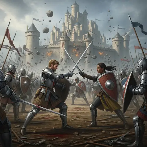 Medieval Battle Scene: Armored Knights Duel on Gory Battlefield