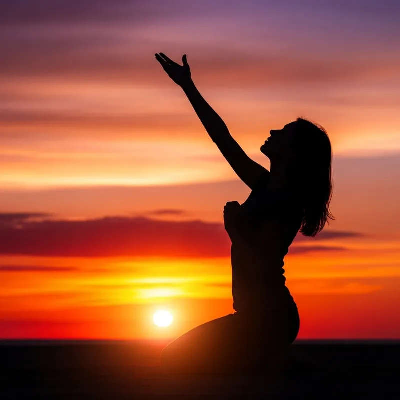 Woman Silhouette Kneeling with Hand on Chest and Arm Extended