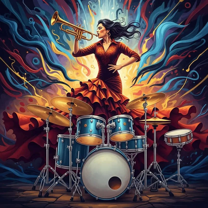 Vibrant Flamenco Dancer with Trumpet Art