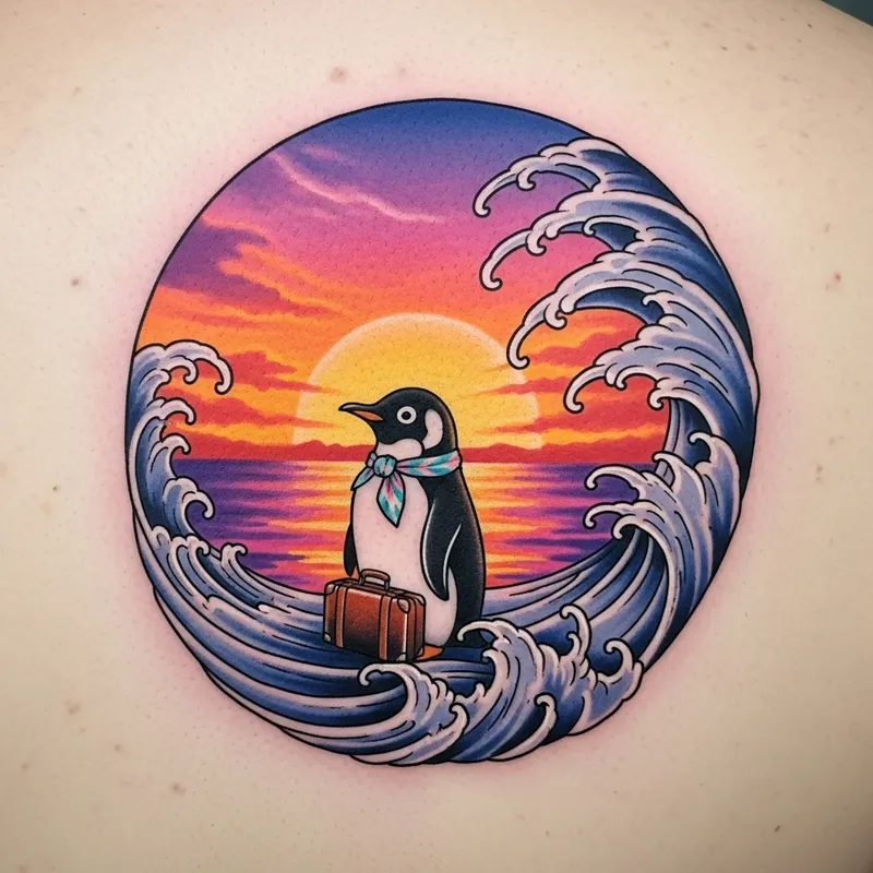 Sunset Wave Penguin Tattoo - Colorful Design