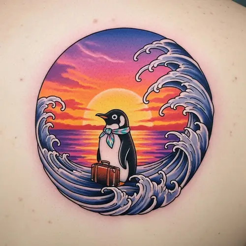 Intricate and Colorful Penguin Tattoo Design with Sunset and Wave