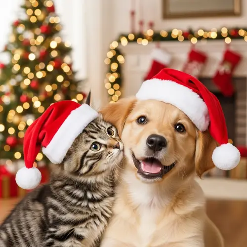 Tender Kitten and Puppy with Christmas Hats - Festive Room Scene