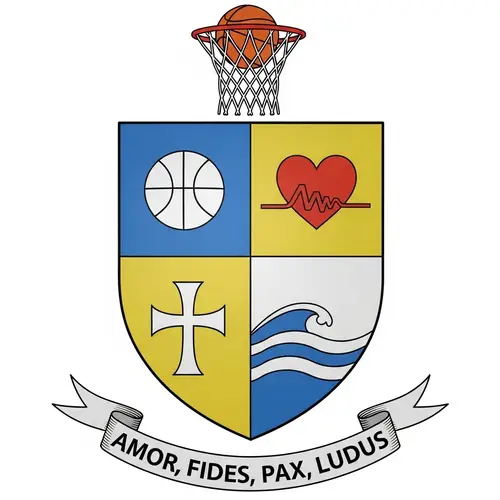 Coat of Arms with Basketball, Heart, Cross, and Wave Symbols