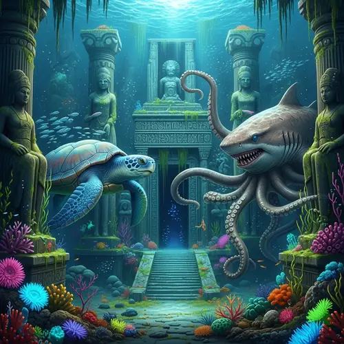 Submerged Ancient Temple with Mythical Sea Creatures
