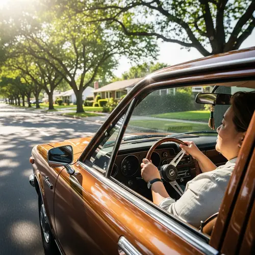 Detailed Image of Woman Driving Brown Car on Sunny Suburban Street