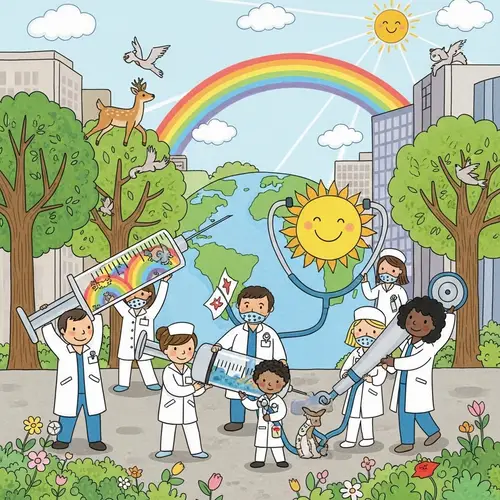 Colorful Global Pandemic Solution by Diverse Health Workers | Hopeful Artwork