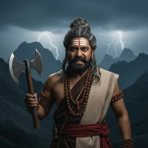 Aesthetic Angry Man with Black Moustache and Beard Holding Axe in Rishi Style