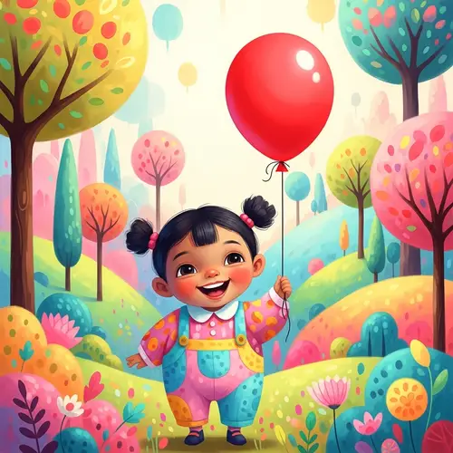 Whimsical Childhood Illustration with Vibrant Red Balloon
