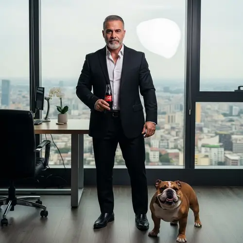Hispanic Man in Black Suit with Bulldog and Popular Drink