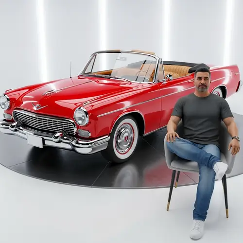 3D Image of Hispanic Man Sitting on Chair with Classic Red Convertible