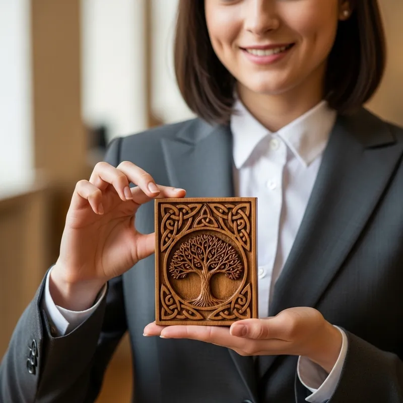 Teen American Woman in Formal Suit with Wooden Carving