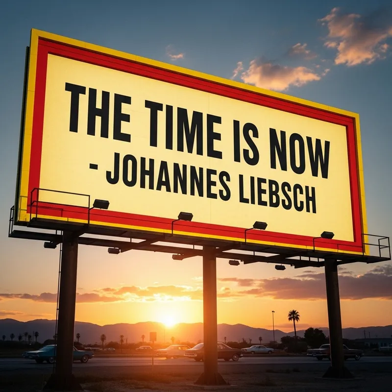 70s Retro-Style Advertising Billboard: 'The Time Is Now - Johannes Liebsch'