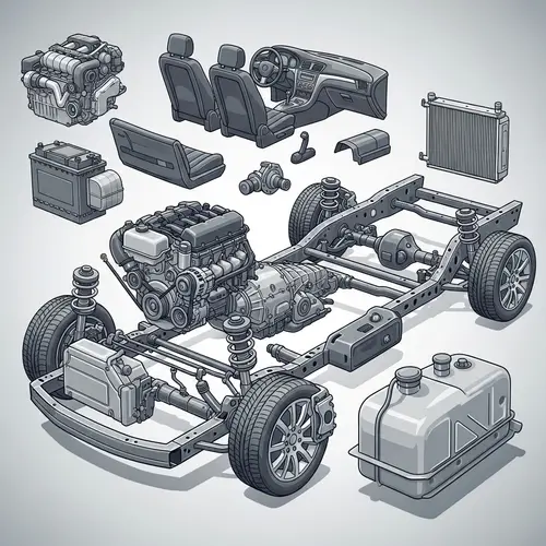 Essential Car Parts Depicted: Engine, Battery, Axles, Brakes...