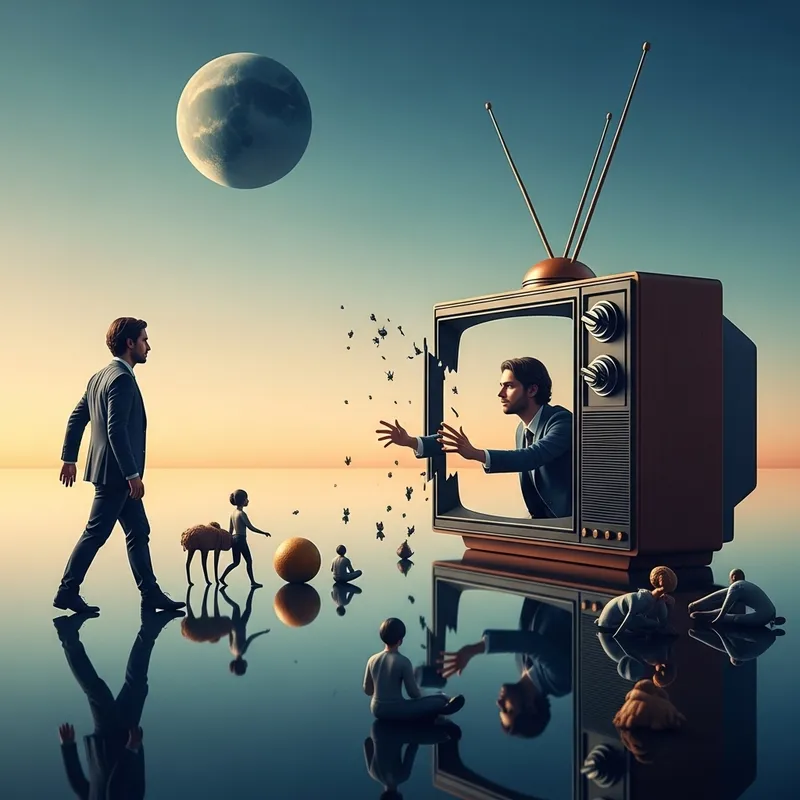 Surreal Scene: human-being enters TV World