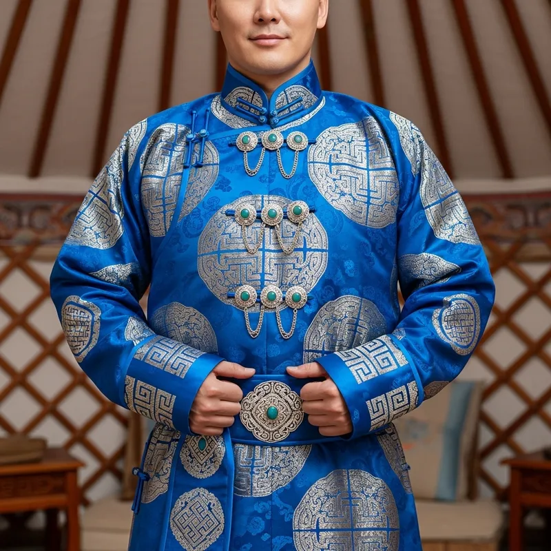 Mongolian Man's Deel Shirt - Fine Fabric & Ornamental Buttons